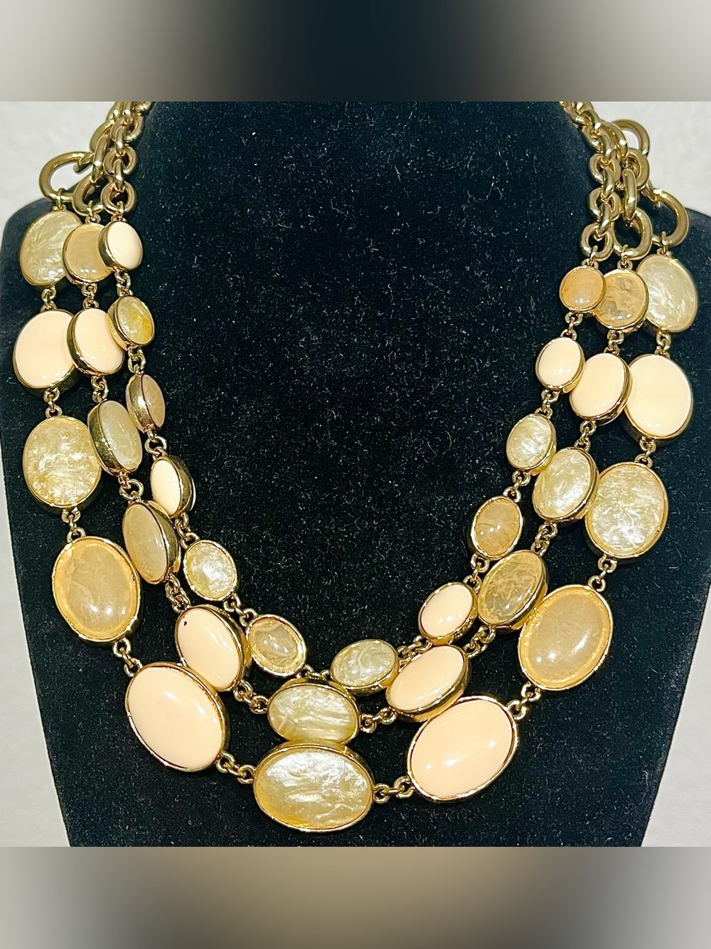 Vintage Gold and Cream Multi-Strand Gemstone Statement Necklace